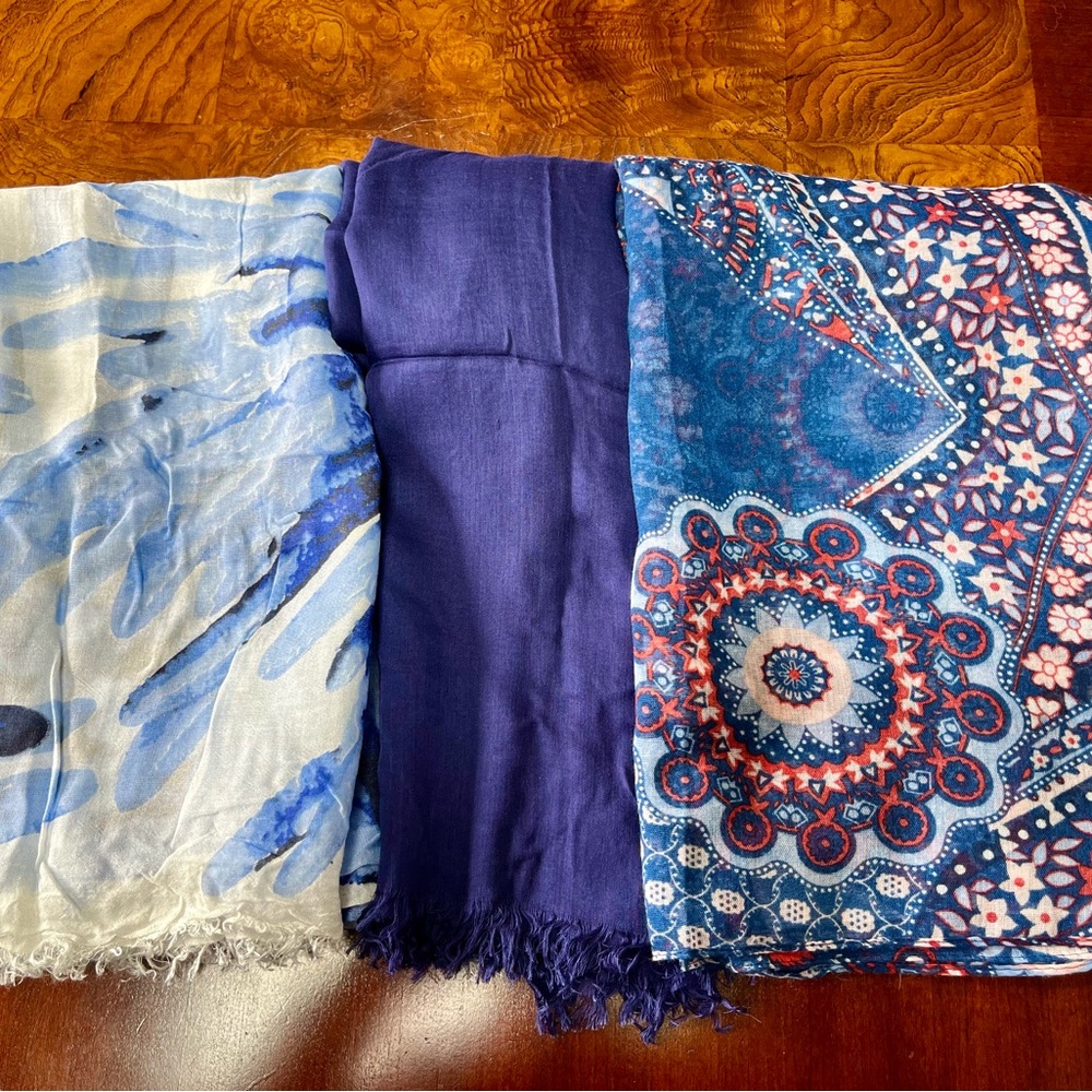Set of Blue Solid & Patterned Scarves Set (3)
